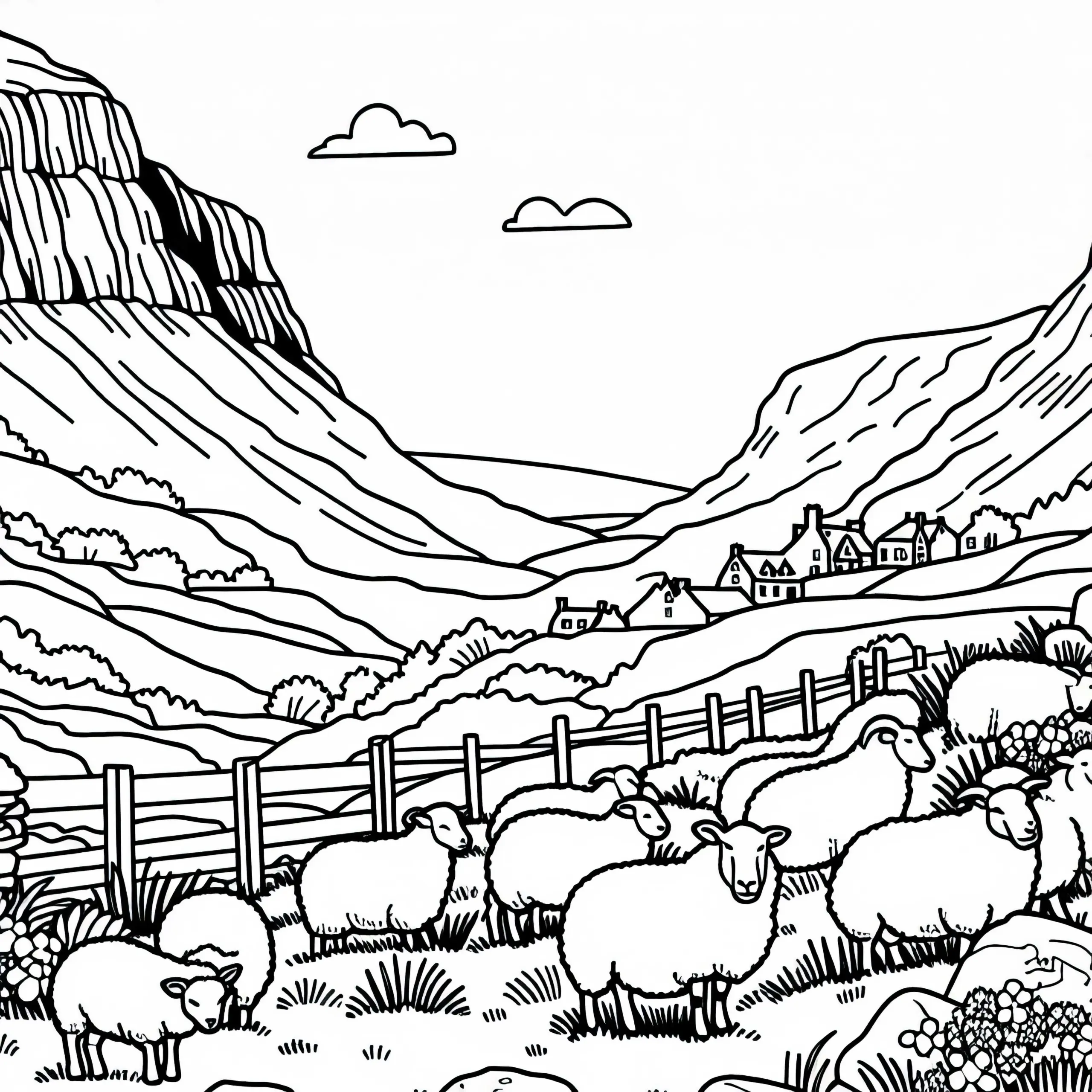 Schottische Hügellandschaft mit Schafen – Malvorlage kostenlos (Ausmalbild)