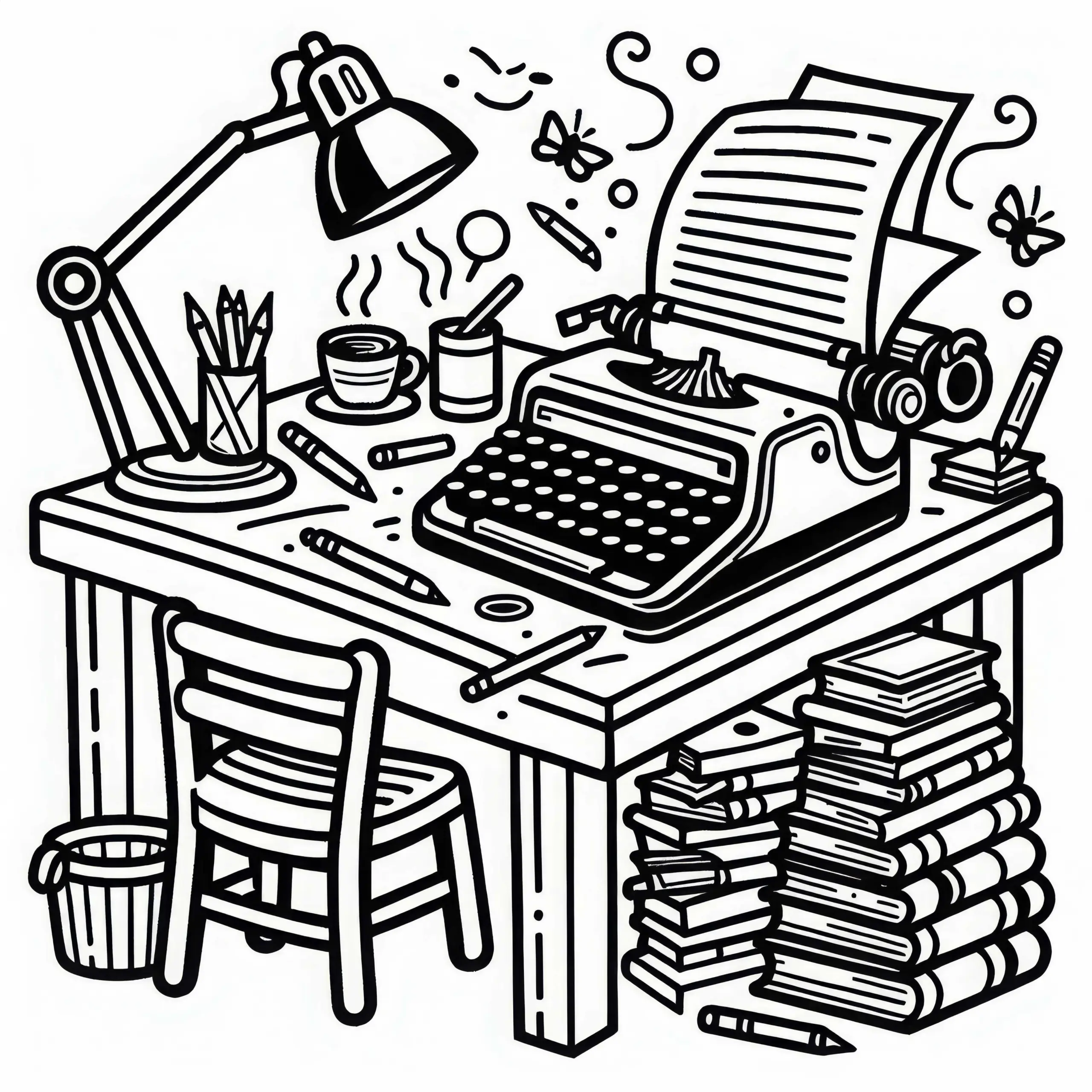 Schreibtisch eines Schriftstellers – Ausmalbild gratis