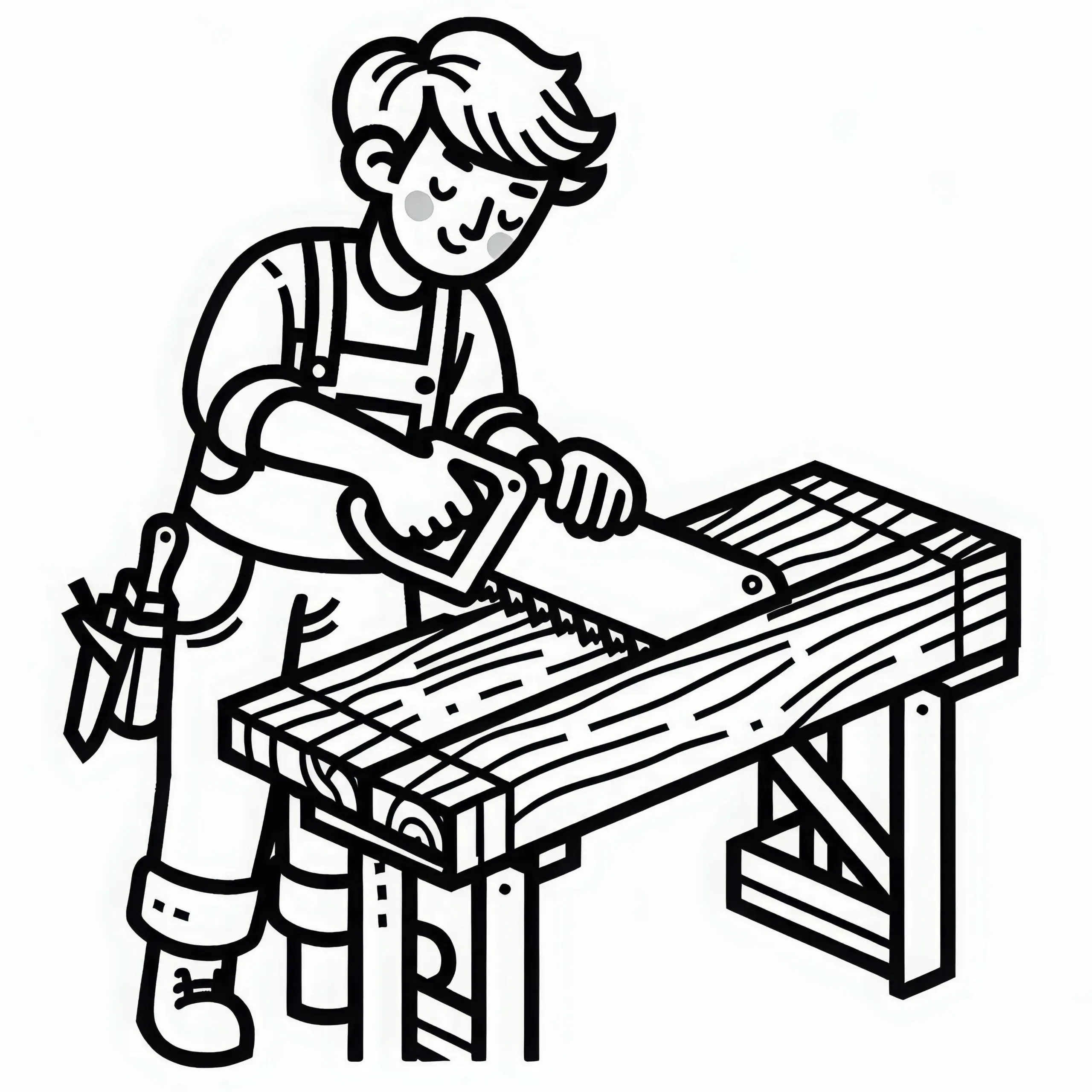 Schreiner sägt Holz mit Handsäge – Ausmalbild kostenlos
