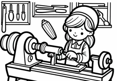 Schreinerin arbeitet an Drechselmaschine – Ausmalbild zum Download