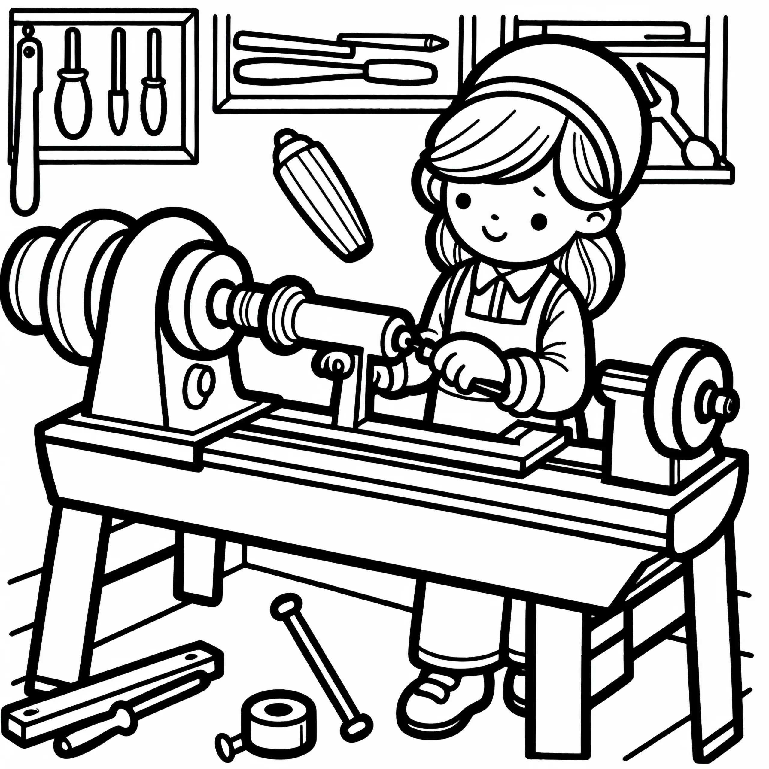Schreinerin arbeitet an Drechselmaschine – Ausmalbild zum Download