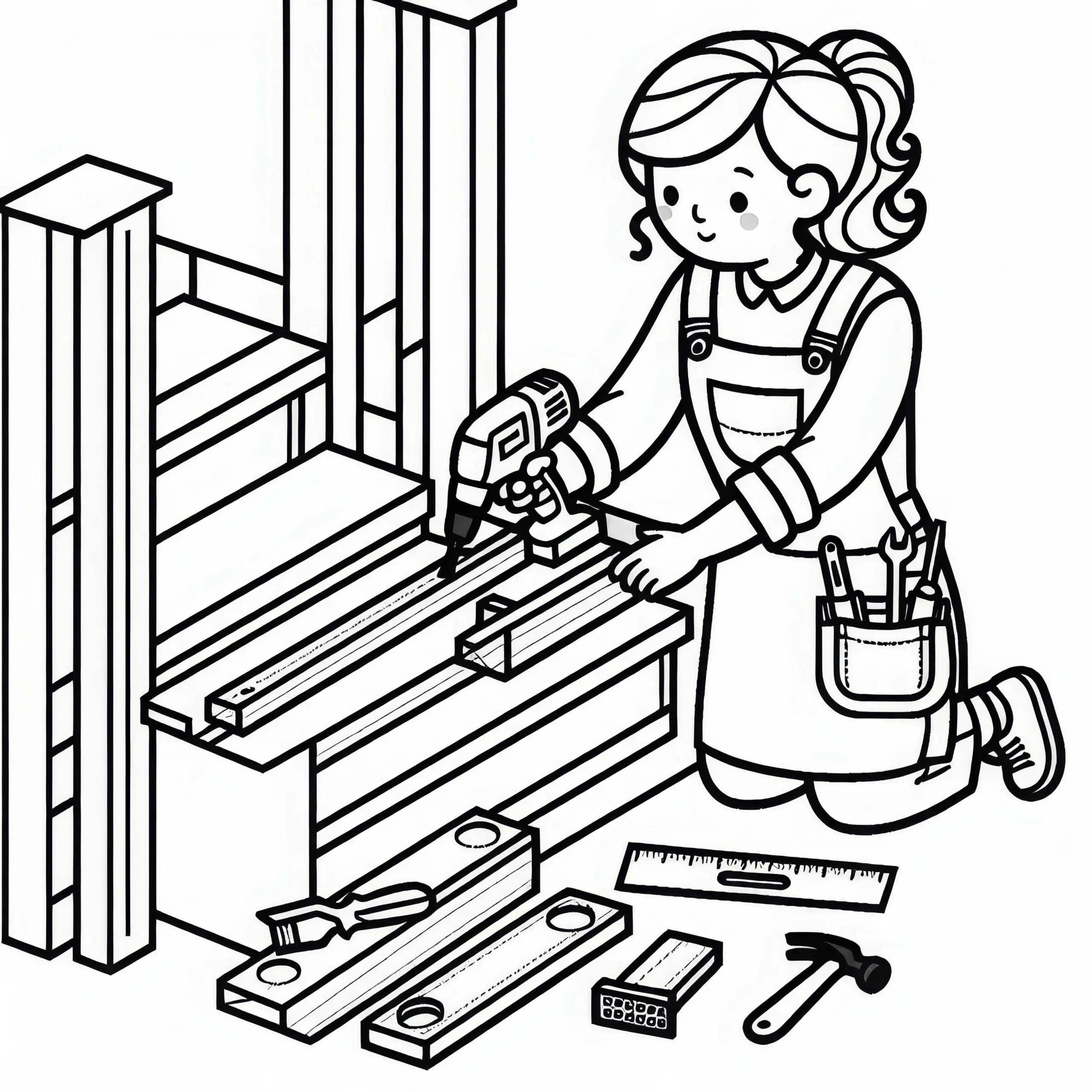 Schreinerin beim Bau einer Treppe – Malvorlage gratis (Ausmalbild)