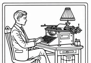 Schriftsteller am Schreibtisch mit alter Schreibmaschine – Malvorlage gratis