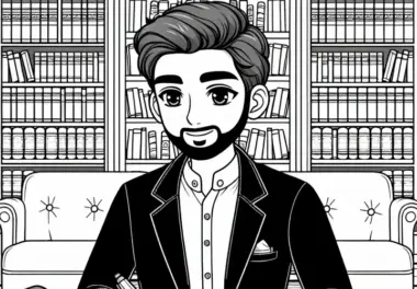 Schriftsteller in Bibliothek mit Büchern umgeben – Ausmalbild kostenlos