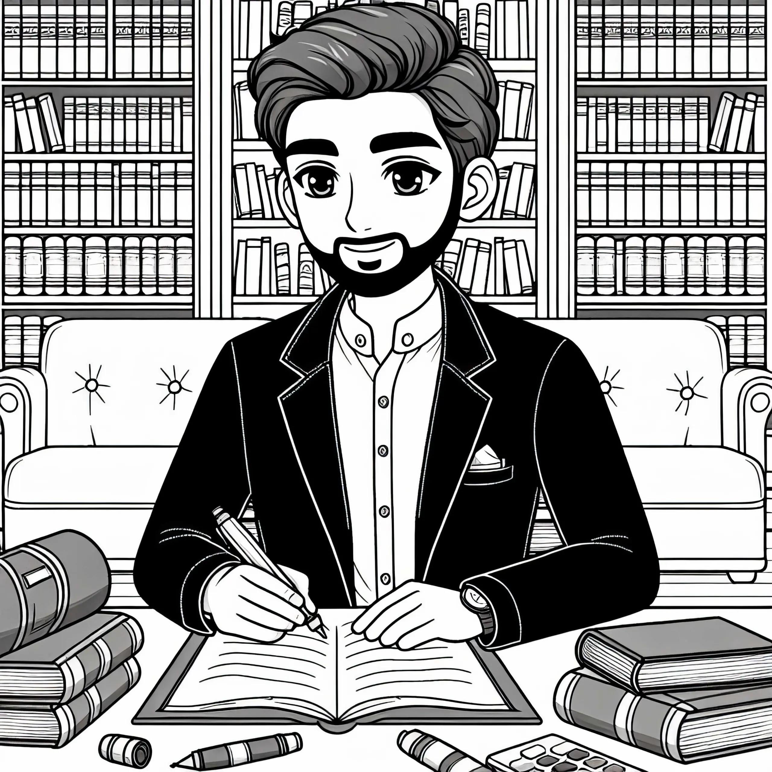 Schriftsteller in Bibliothek mit Büchern umgeben – Ausmalbild kostenlos