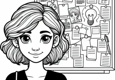 Schriftstellerin mit Ideenboard voller Notizen – Ausmalbild kostenlos
