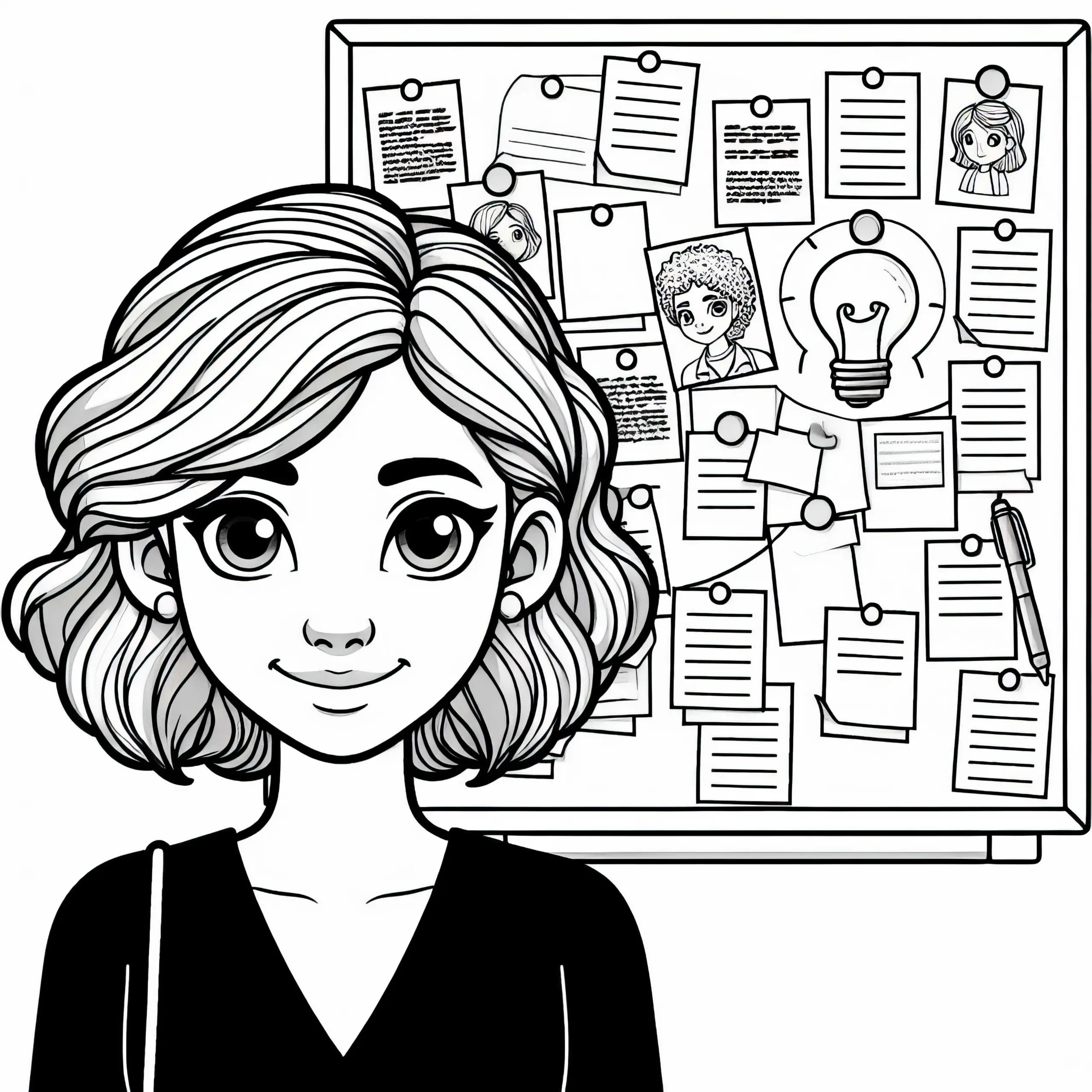 Schriftstellerin mit Ideenboard voller Notizen – Ausmalbild kostenlos