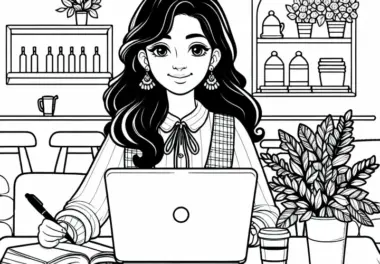 Schriftstellerin mit Laptop im Café – Malvorlage Kostenlos