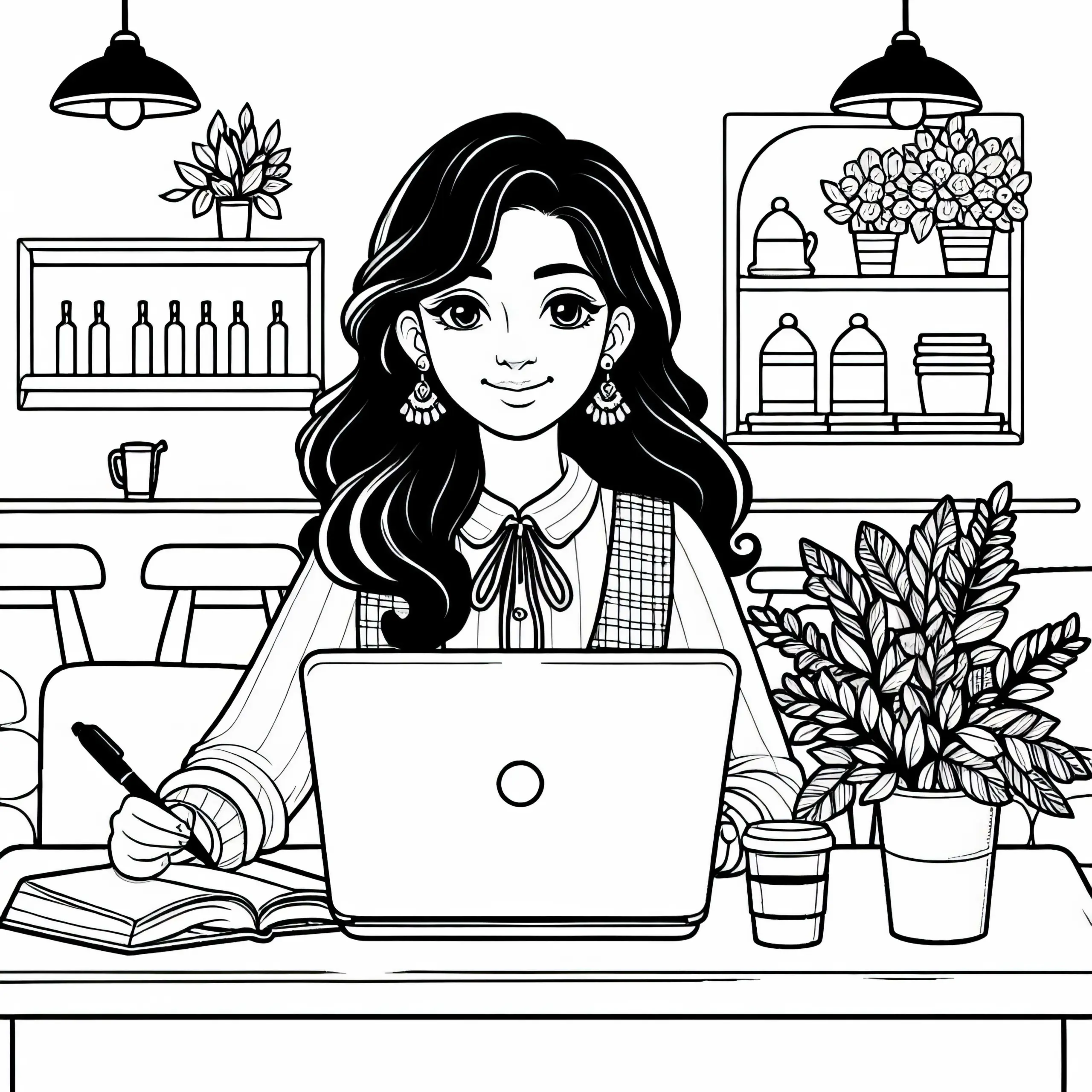 Schriftstellerin mit Laptop im Café – Malvorlage Kostenlos (Ausmalbild)