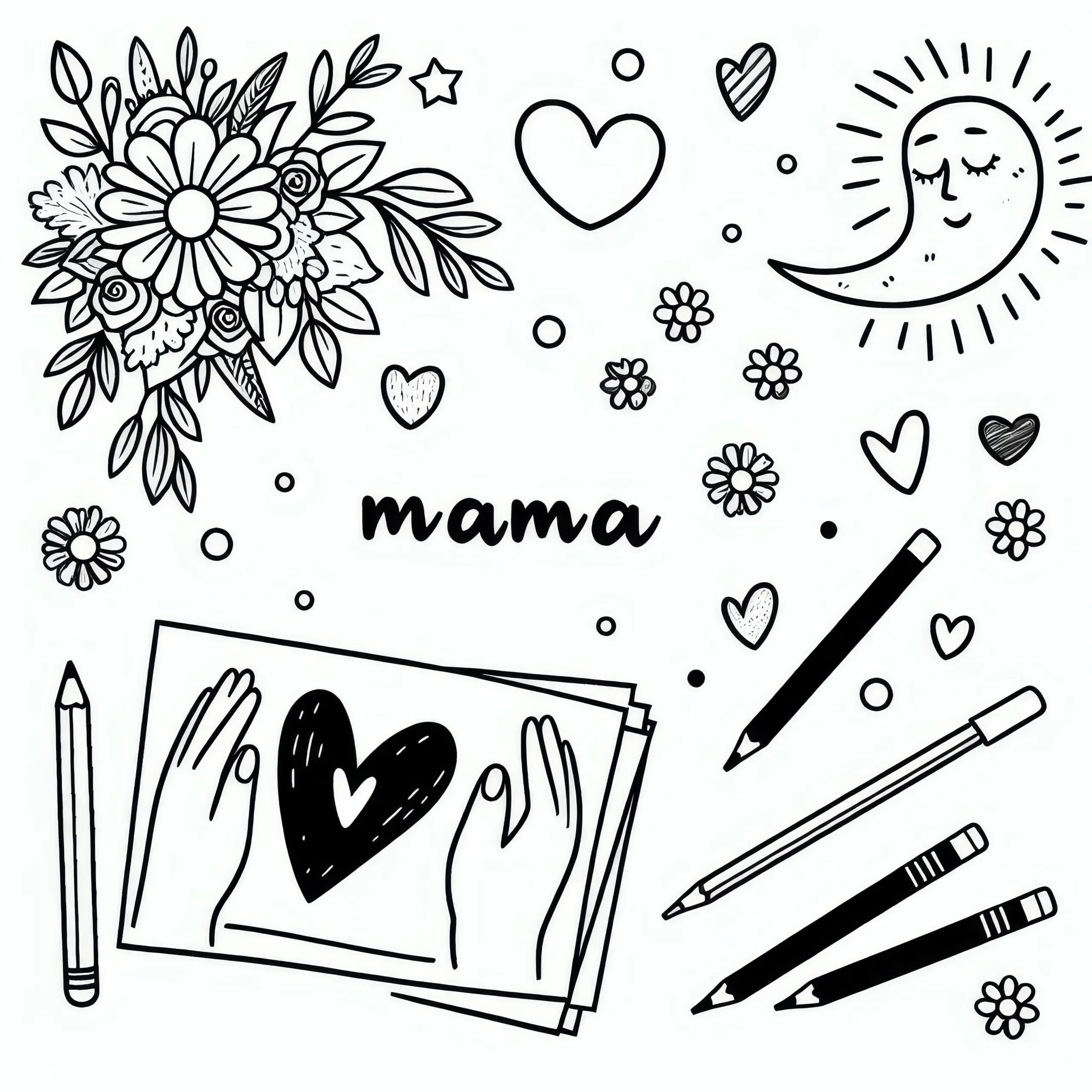 Schriftzug Mama mit Herzen zum Muttertag: Ausmalbild zum Download (Kostenlos)