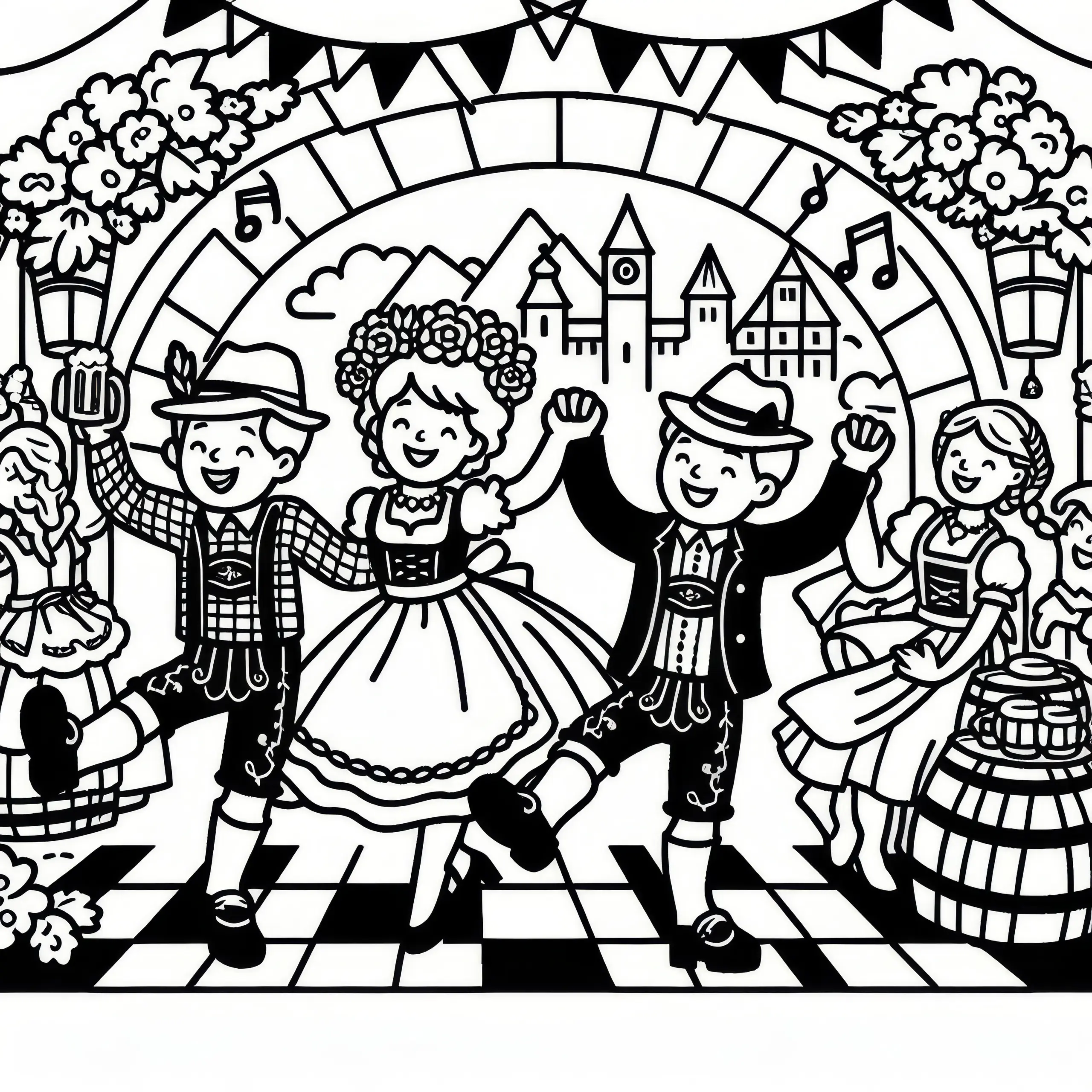 Schuhplattler auf dem Oktoberfest: Einfaches Ausmalbild (Kostenlos)