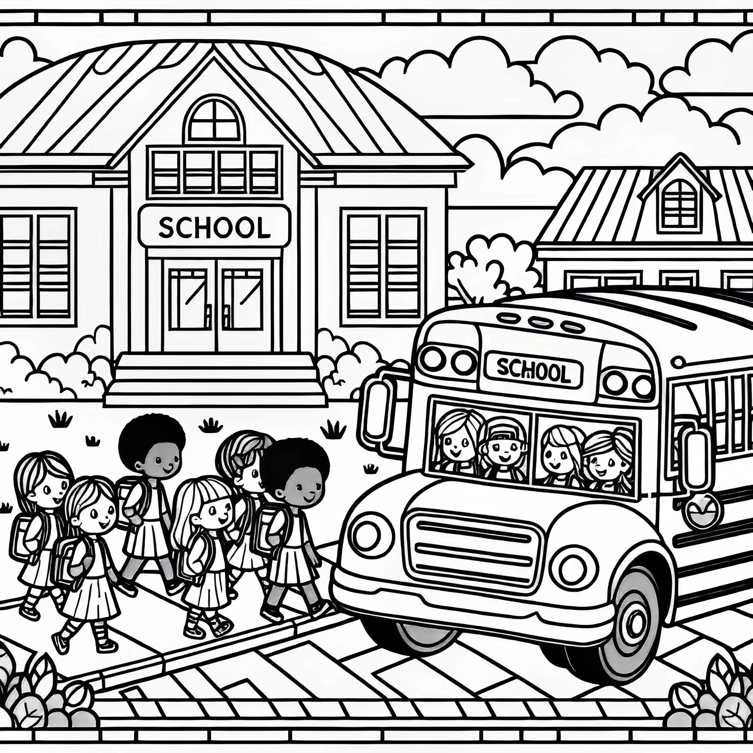 Schulbus hält vor der Schule mit Kindern, die einsteigen – Malvorlage kostenlos (Ausmalbild)