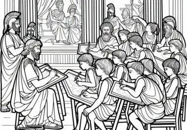 Schule in Athen – Kinder lernen mit Schrifttafeln (Ausmalbild, Sparta, Athen) Kostenlos
