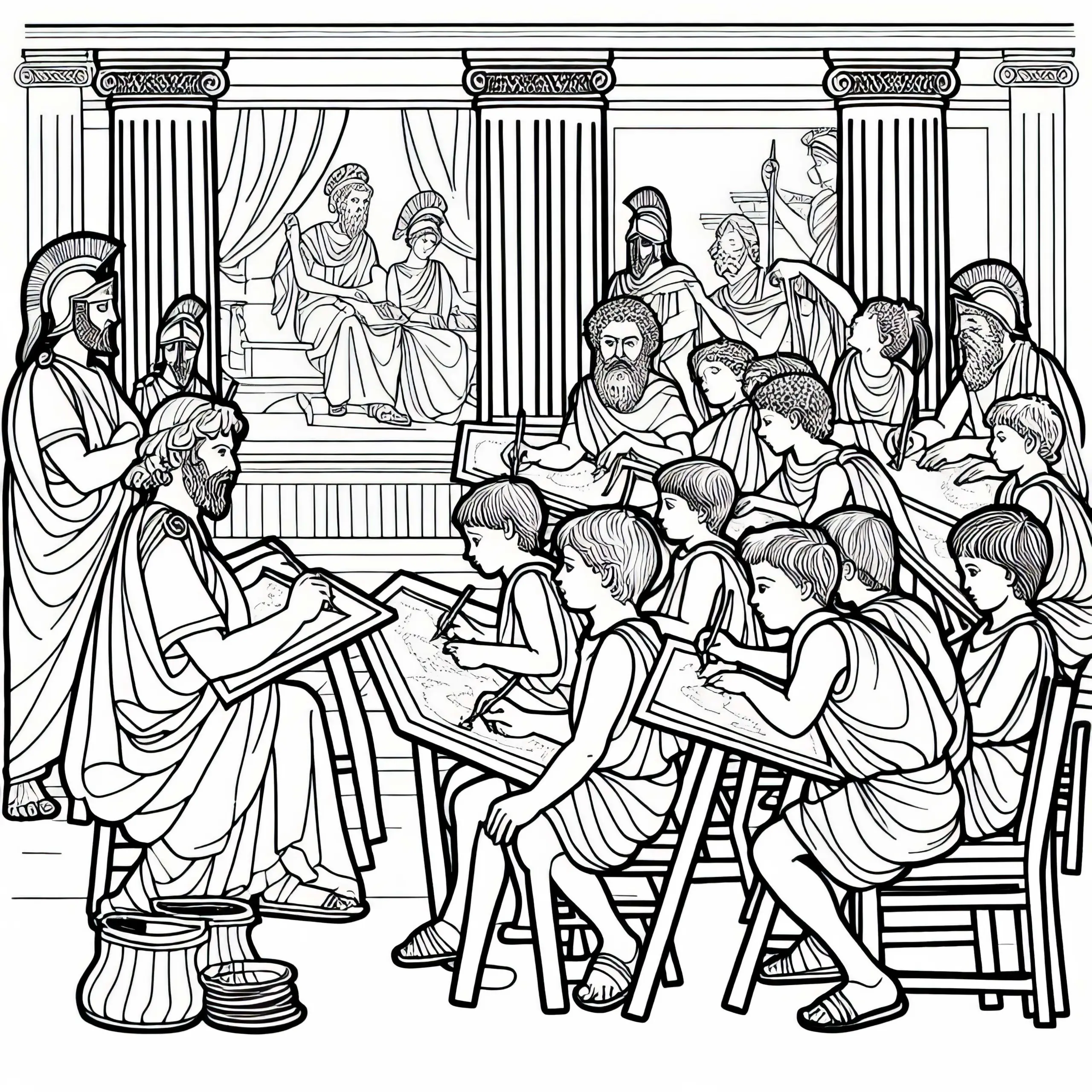 Schule in Athen – Kinder lernen mit Schrifttafeln (Ausmalbild, Sparta, Athen) Kostenlos
