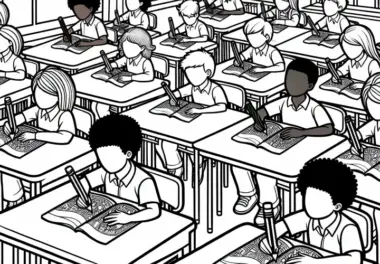 Schulklasse sitzt an Tischen im Klassenzimmer – Ausmalbild gratis