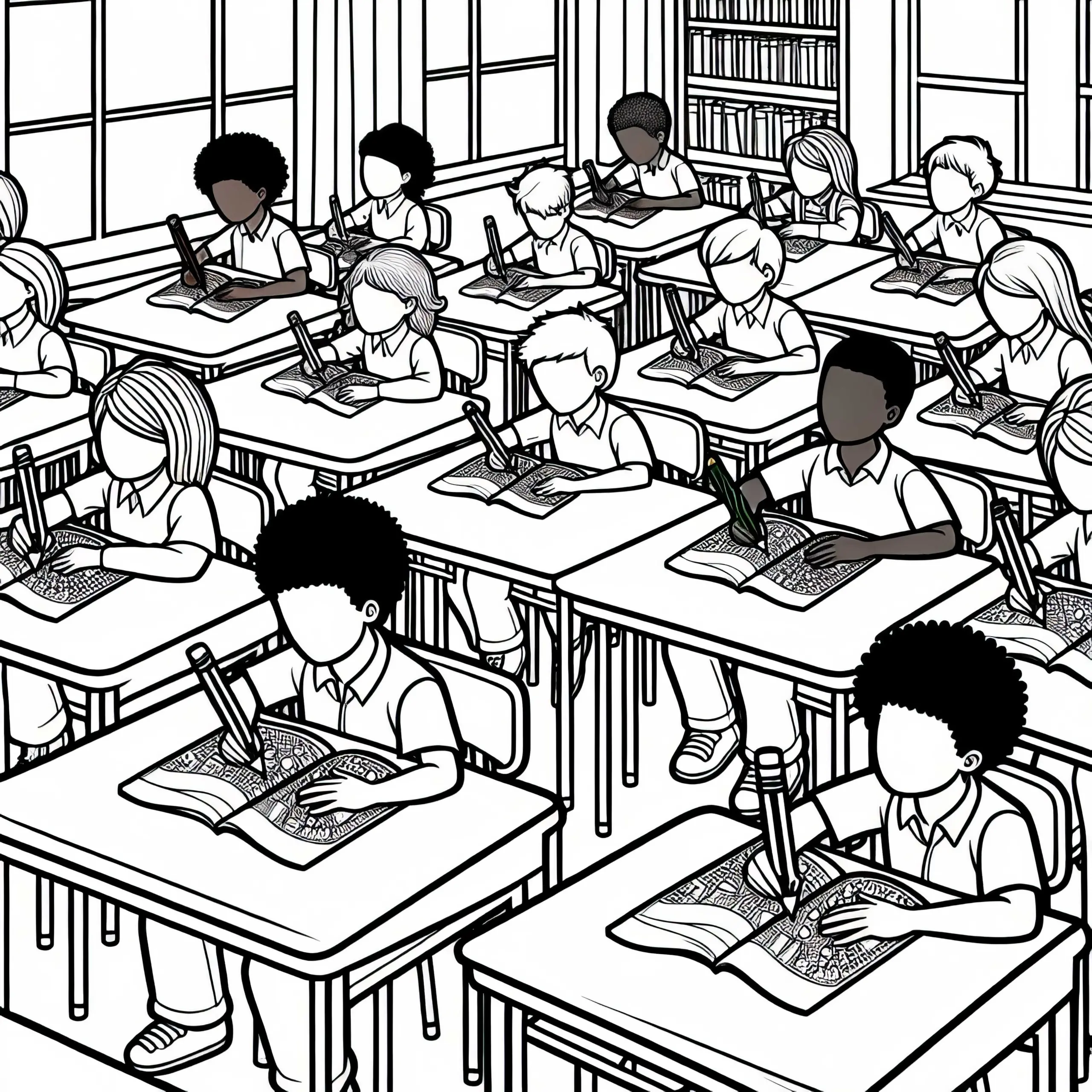 Schulklasse sitzt an Tischen im Klassenzimmer – Ausmalbild gratis