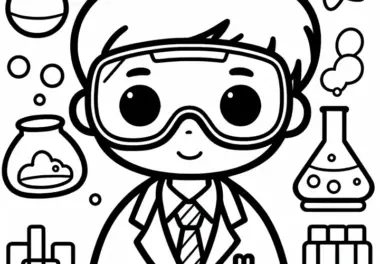 Schutzbrille und Laborkittel eines Chemikers – Ausmalbild einfach kostenlos