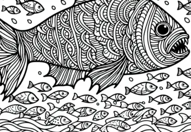 Schwarm kleiner Fische flieht vor Raubfisch – Ausmalbild gratis