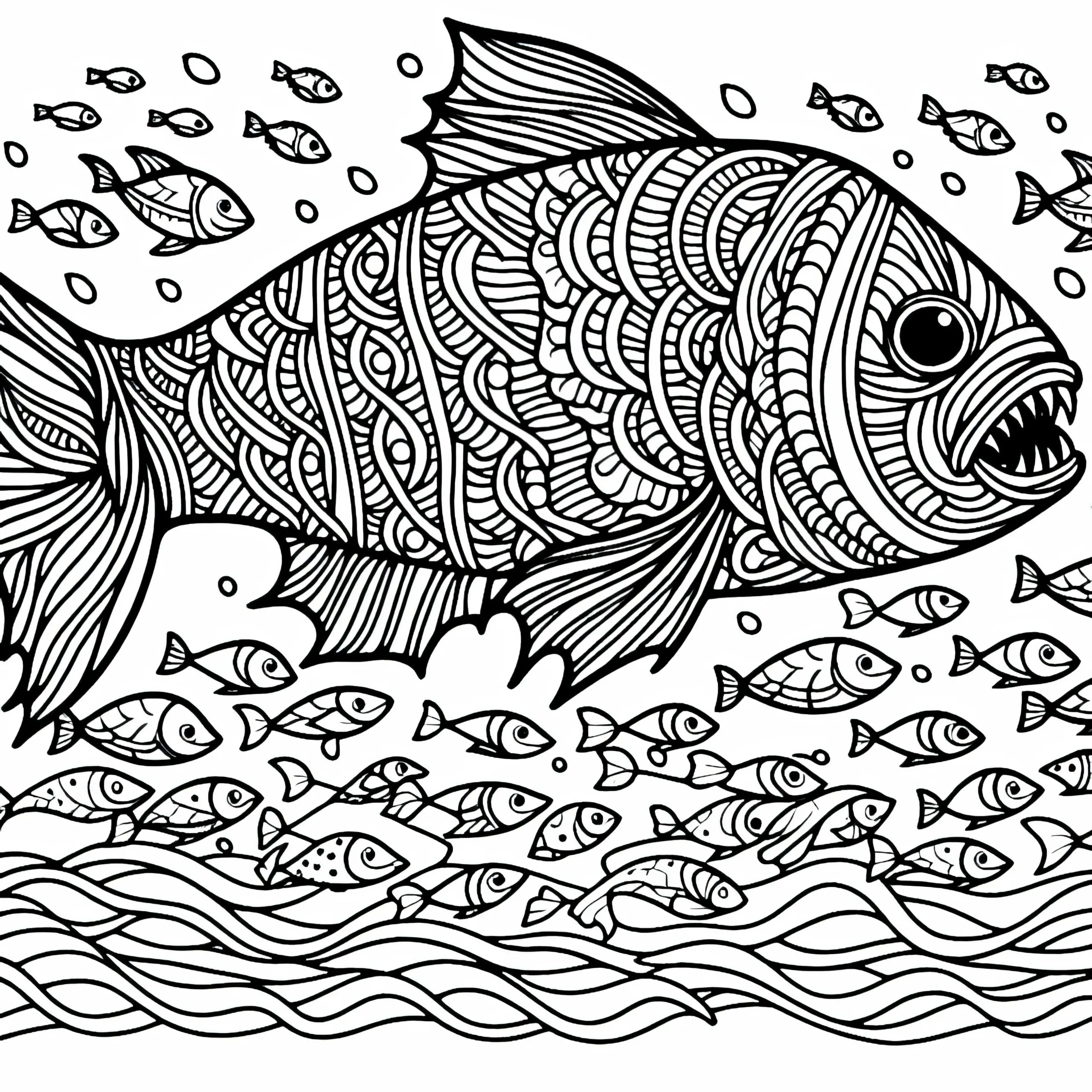 Schwarm kleiner Fische flieht vor Raubfisch – Ausmalbild gratis