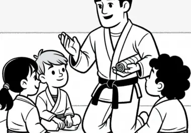 Schwarzgurt-Kämpfer erklärt im Jiu-Jitsu (BJJ) Anfängern eine neue Technik – Malvorlage kostenlos