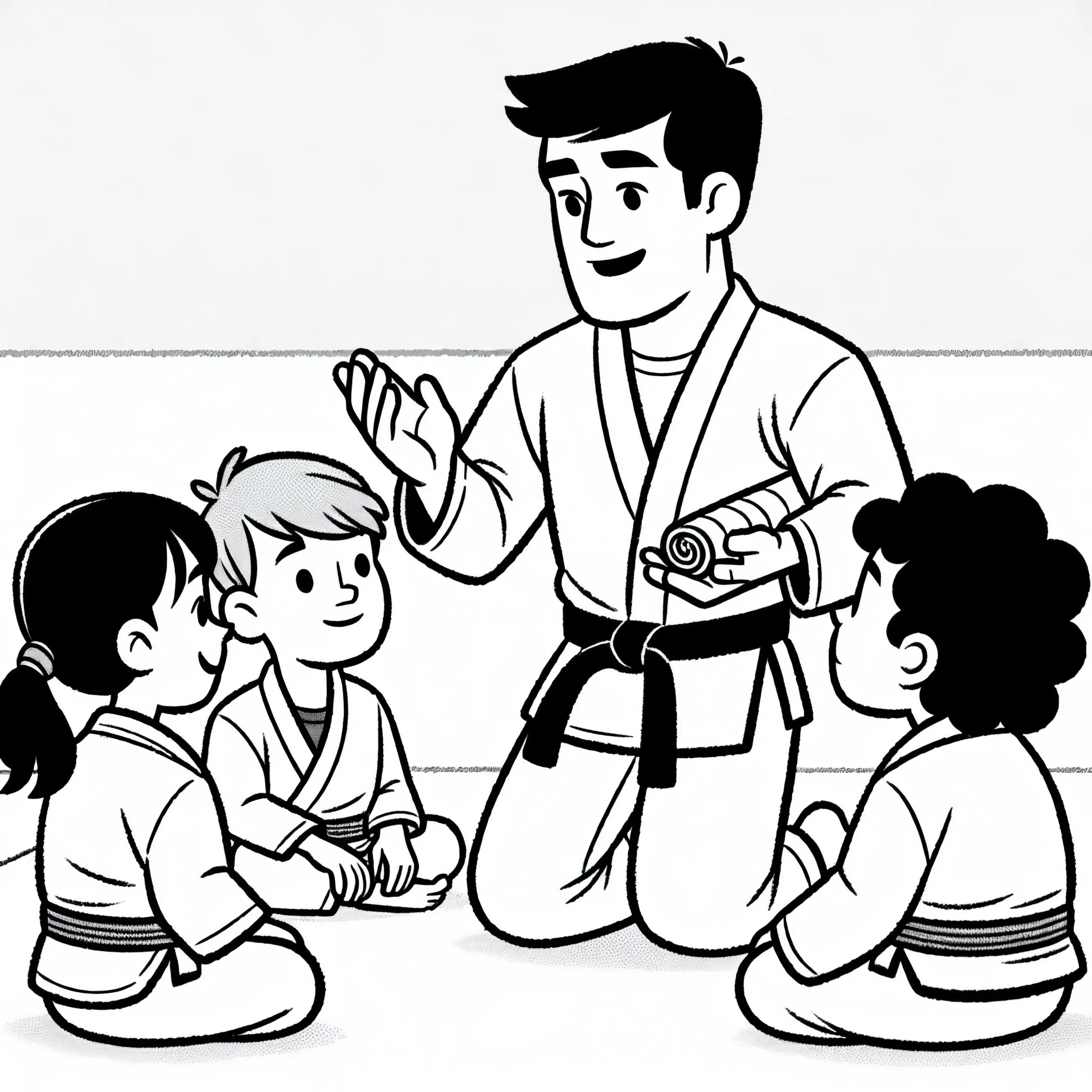 Schwarzgurt-Kämpfer erklärt im Jiu-Jitsu (BJJ) Anfängern eine neue Technik – Malvorlage kostenlos (Ausmalbild)