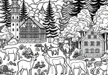 Schwarzwald mit Waldtieren und Bäumen Malvorlage – Gratis Download