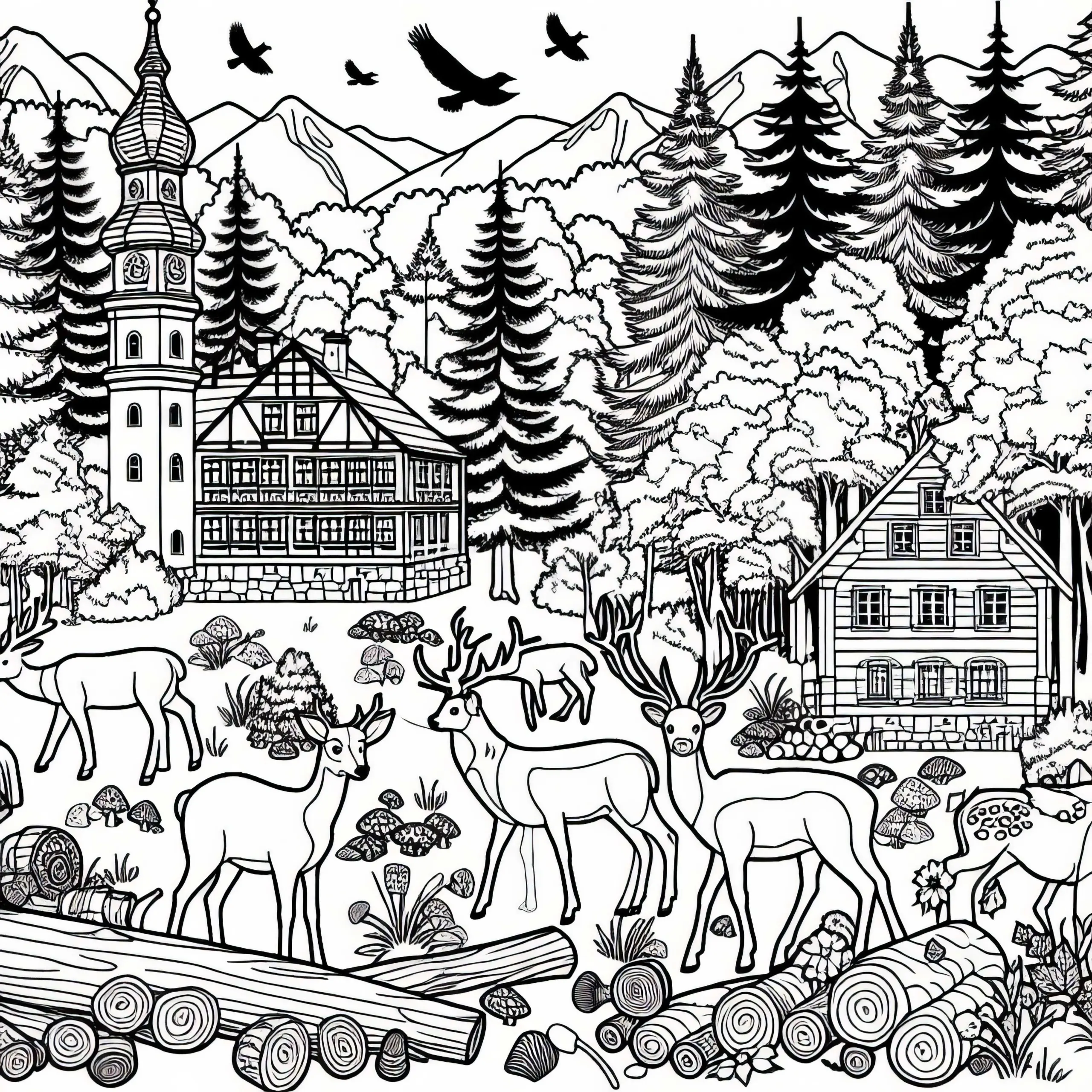 Schwarzwald mit Waldtieren und Bäumen Malvorlage – Gratis Download (Ausmalbild)