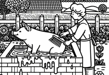 Ein Schwein beim Waschtag auf dem Bauernhof – Malvorlage gratis