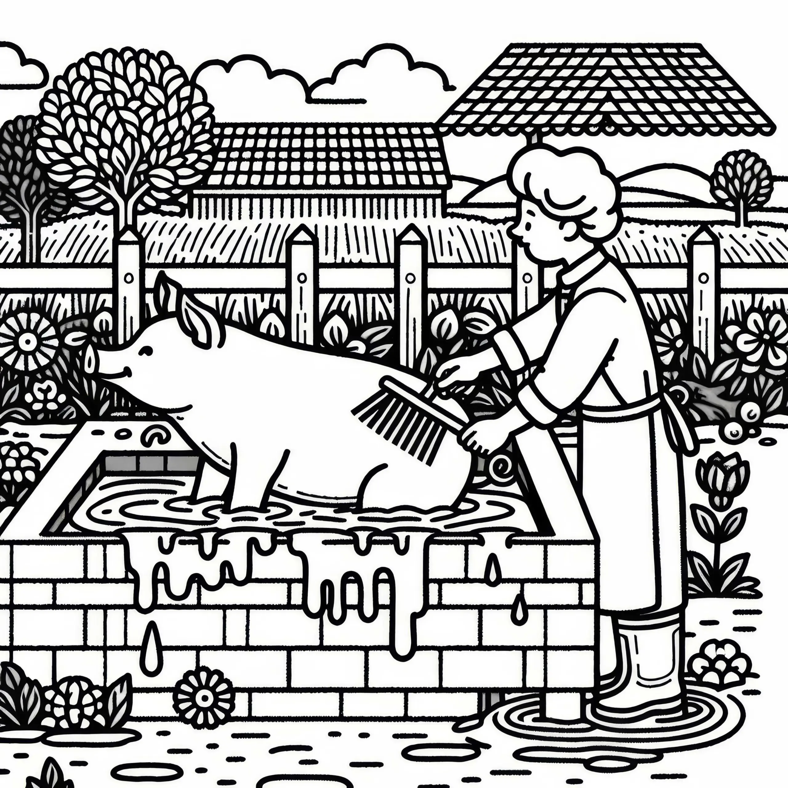 Ein Schwein beim Waschtag auf dem Bauernhof – Malvorlage gratis (Ausmalbild)