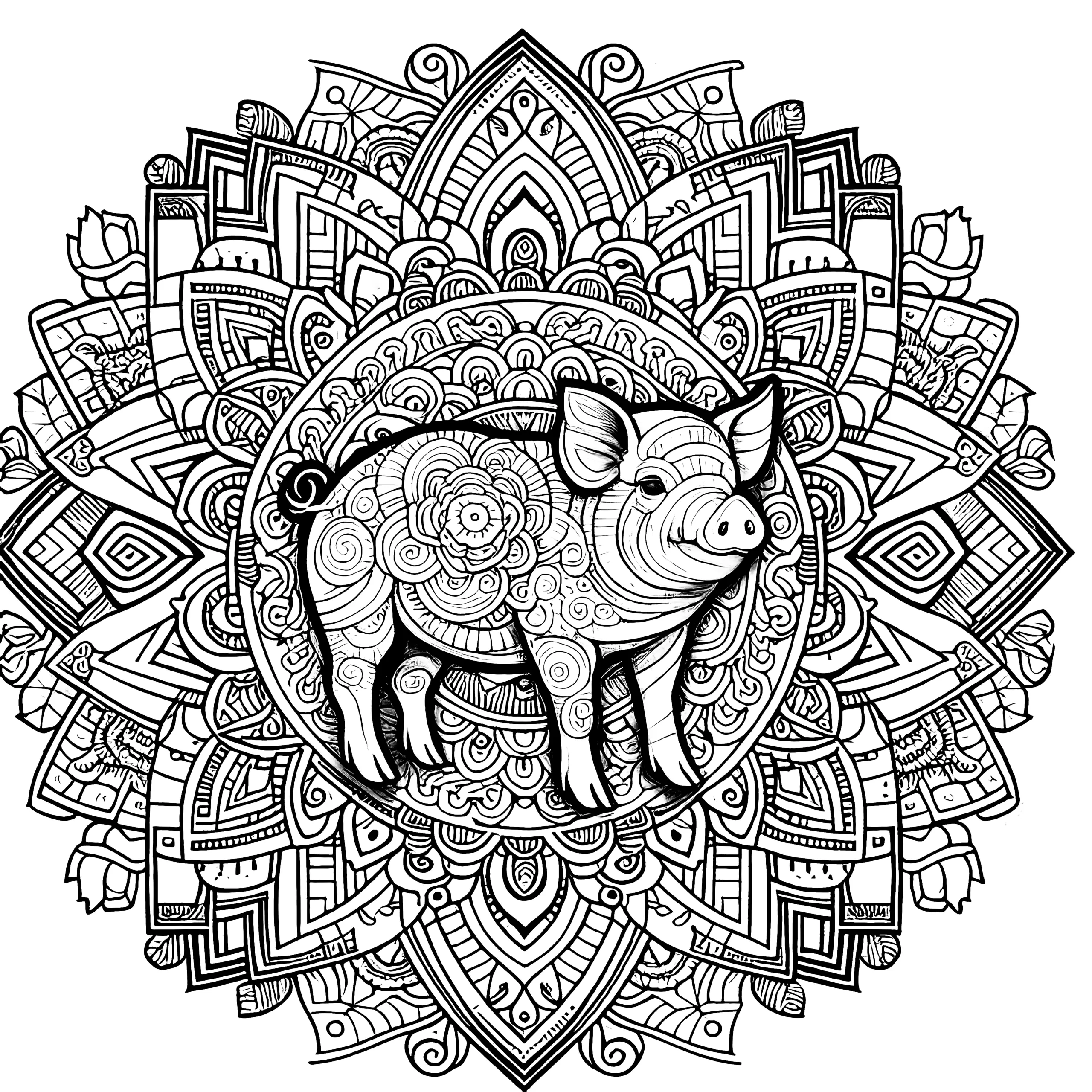 Schwein-Mandala: Tierischer Ausmalspaß (zum Ausdrucken) (Ausmalbild)