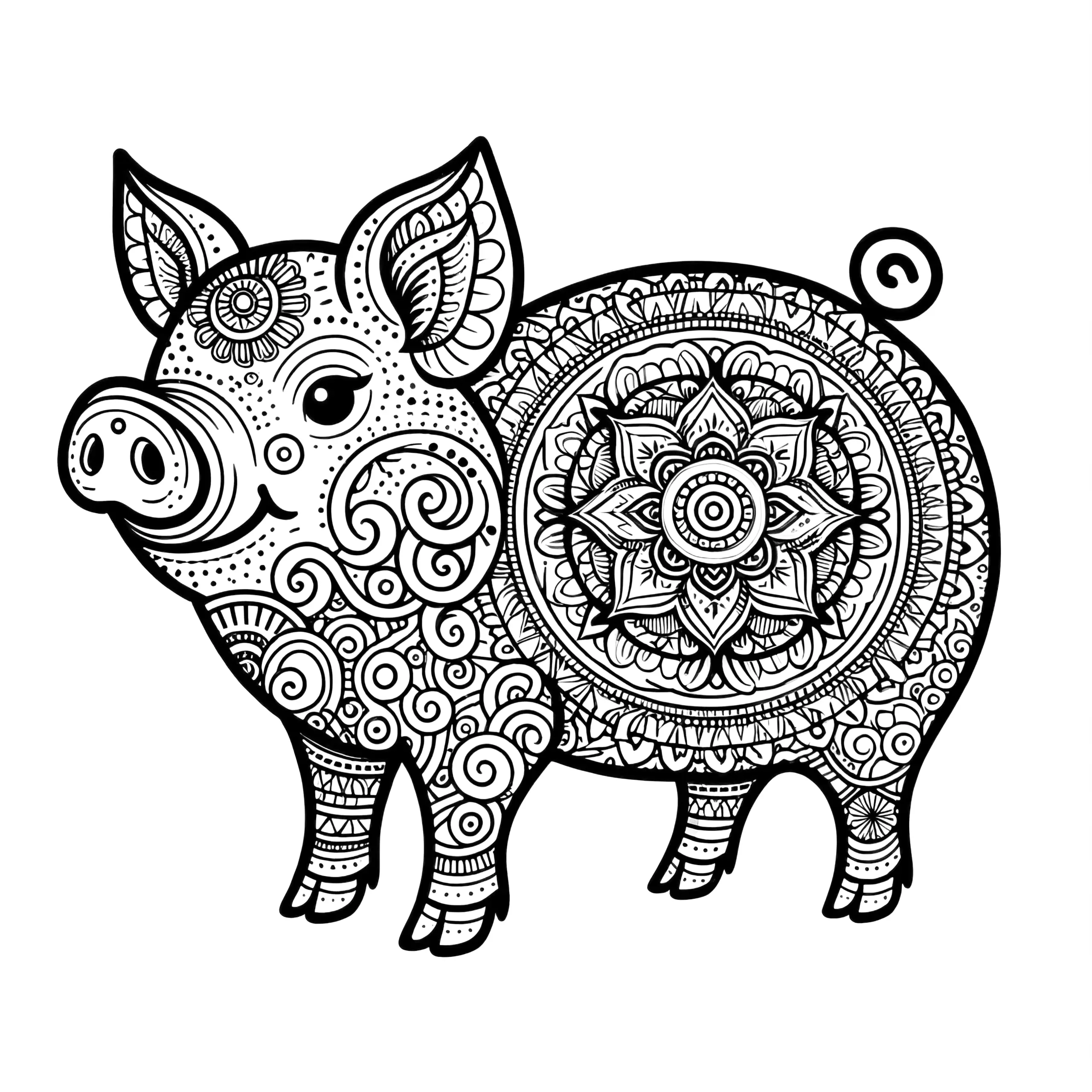 Freundliche Schwein-Mandala Malvorlage (Ausmalbild)