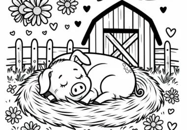 Schwein schläft eingerollt im Stroh – Ausmalbild kostenlos