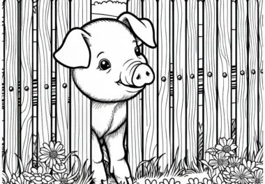 Ein neugieriges Schwein steckt seine Schnauze durch den Zaun – Ausmalbild kostenlos