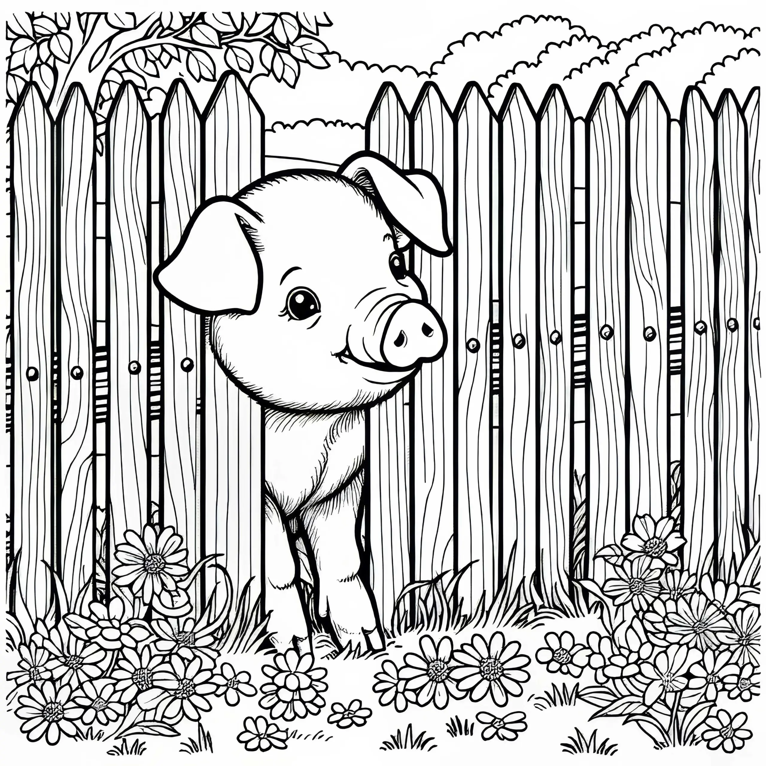 Ein neugieriges Schwein steckt seine Schnauze durch den Zaun – Ausmalbild kostenlos