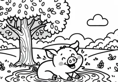 Schwein suhlt sich vergnügt im Schlamm unter Baum – Ausmalbild gratis