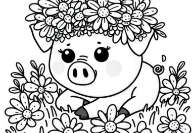 Schwein trägt Blumenkranz – Ausmalbild gratis