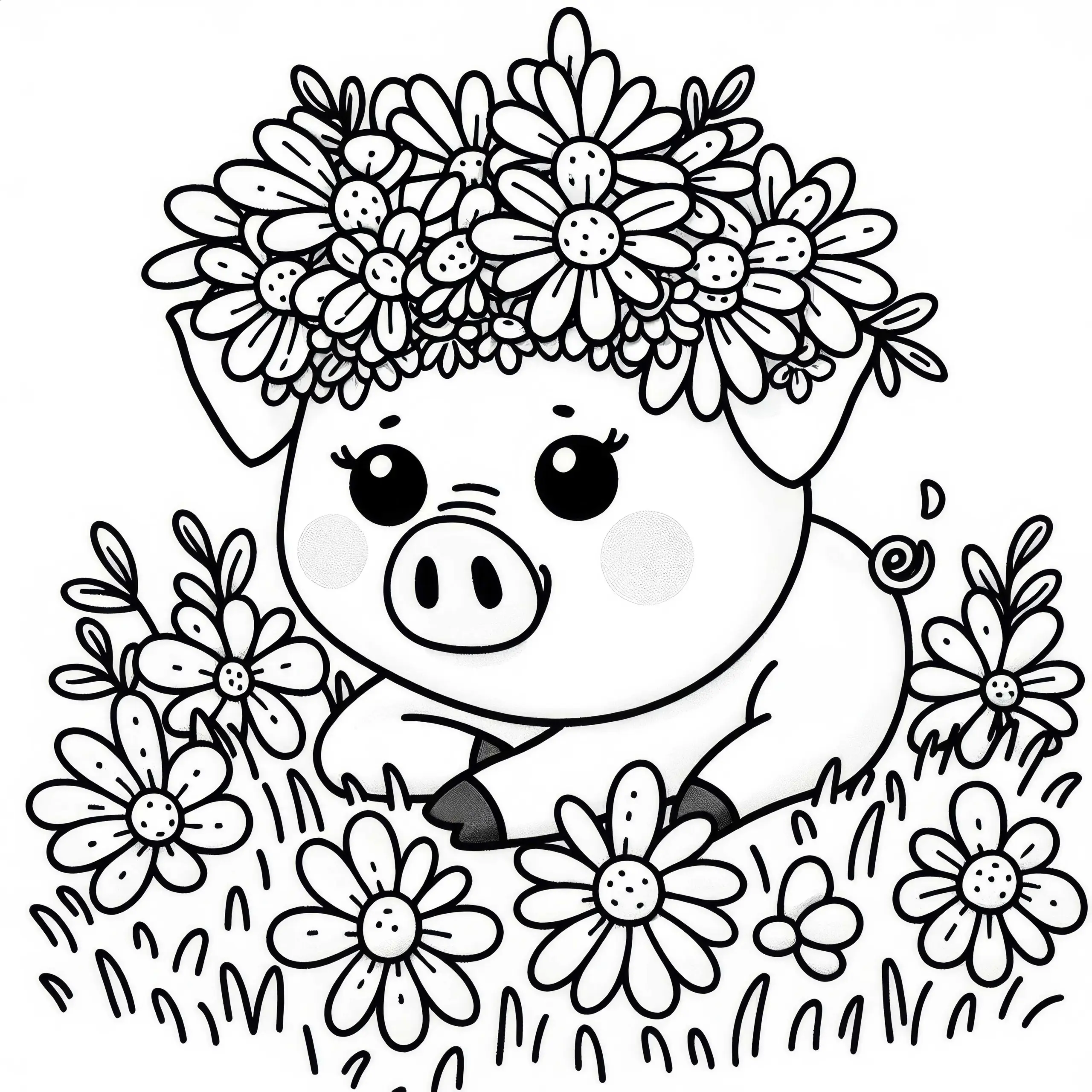 Schwein trägt Blumenkranz – Ausmalbild gratis