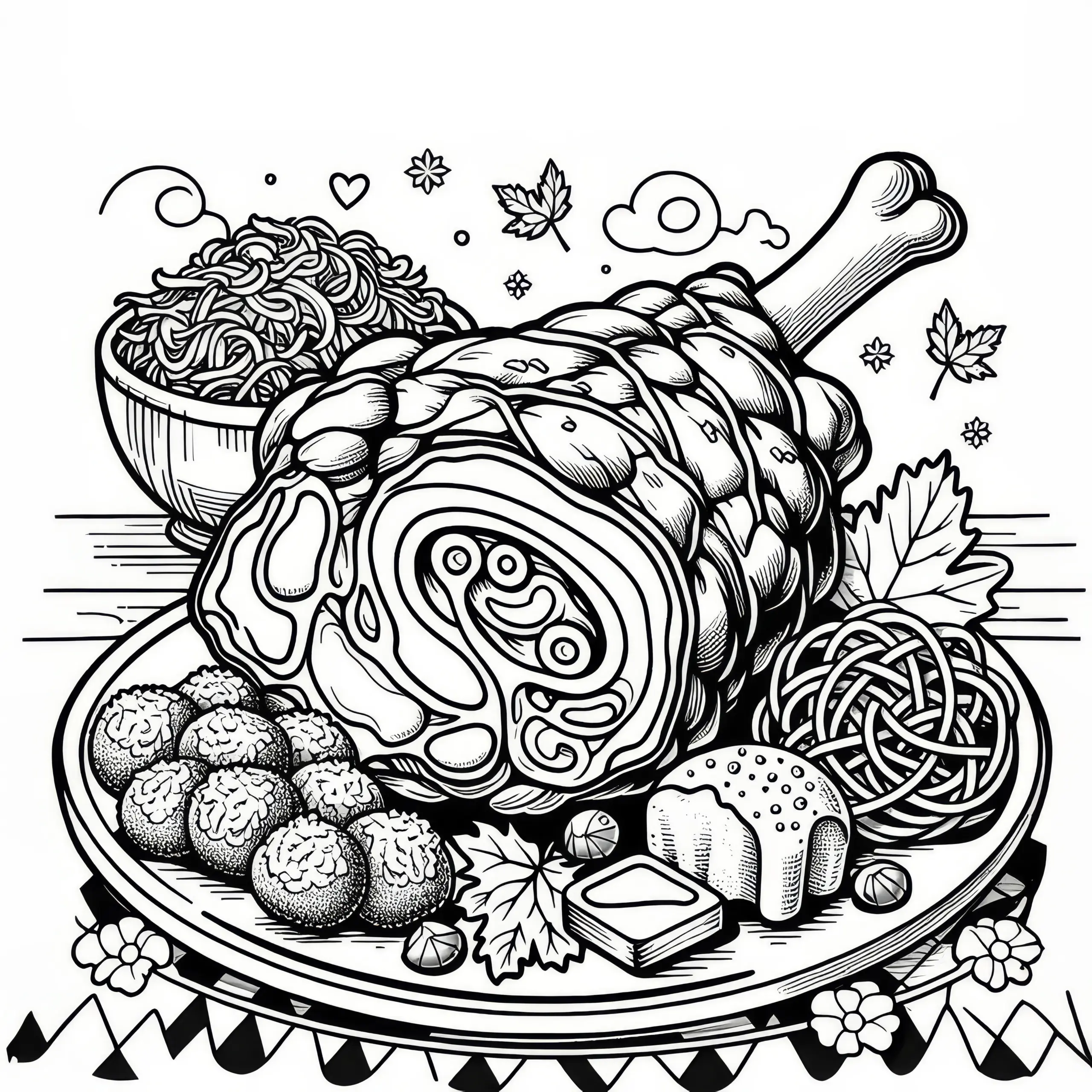 Schweinshaxe mit Sauerkraut und Knödeln: Malvorlage zum Oktoberfest (Gratis) (Ausmalbild)