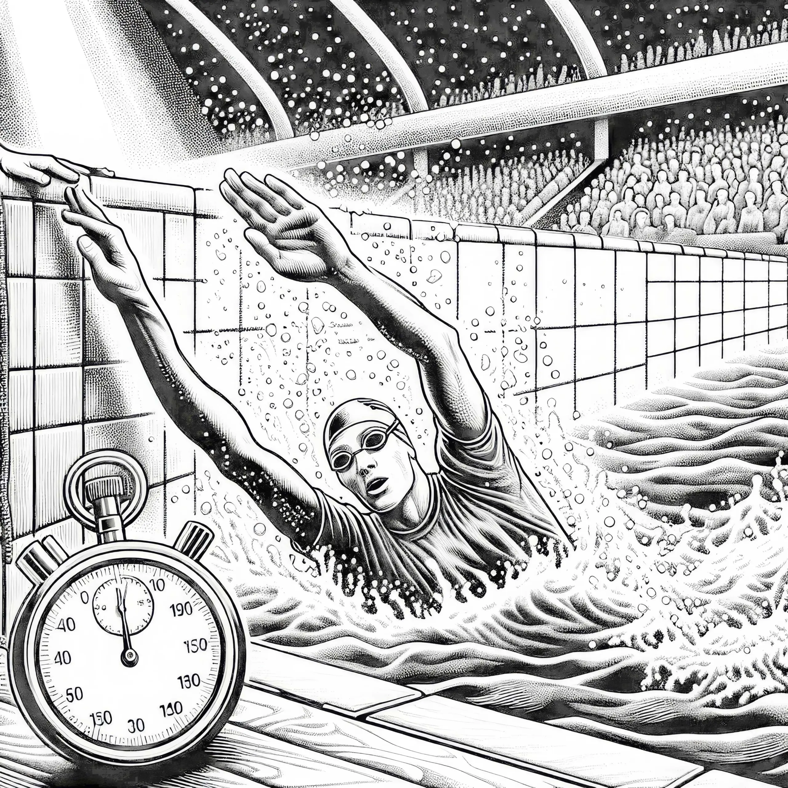 Schwimmer erreicht Wand des Schwimmbeckens – Ausmalbild kostenlos und detailreich