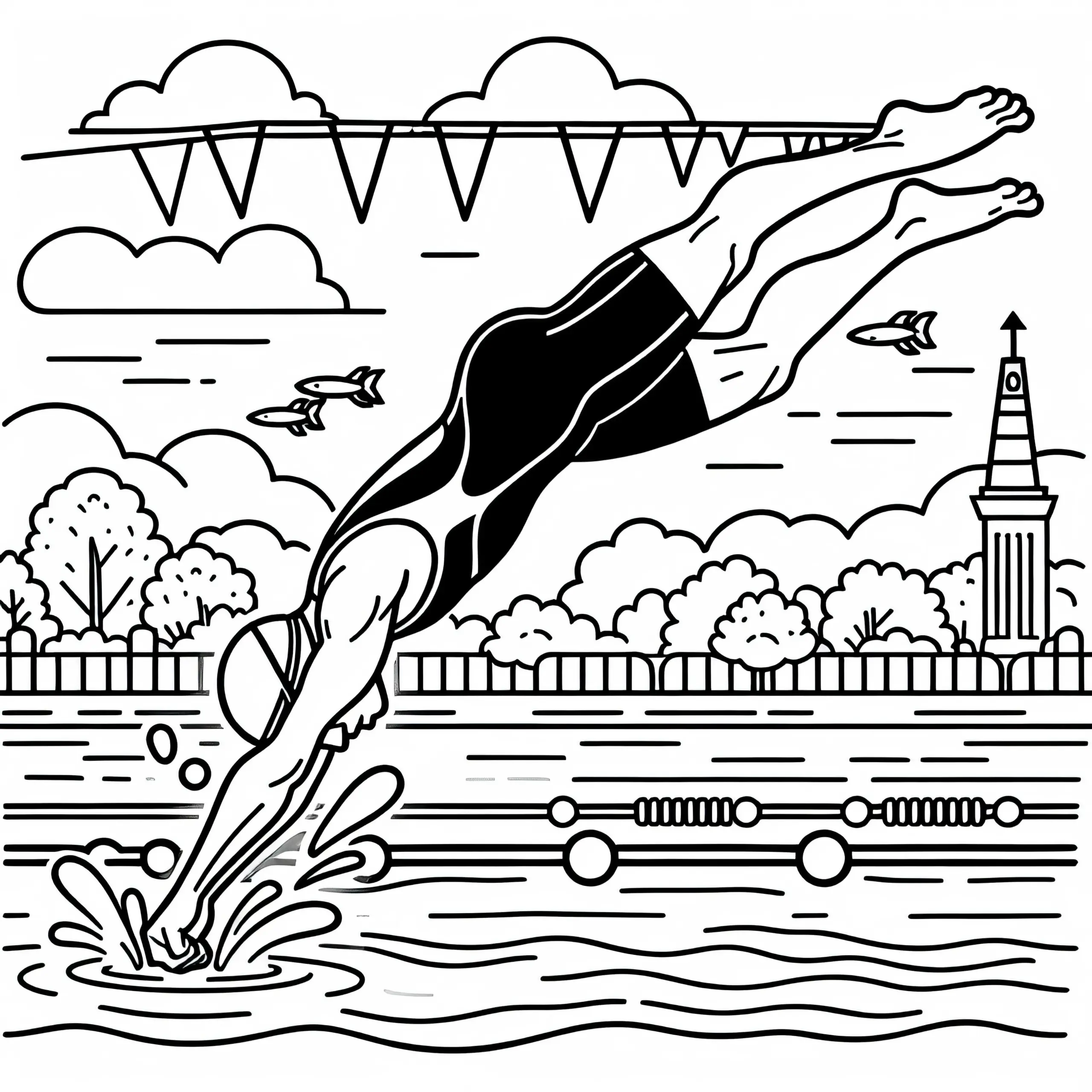 Schwimmer Taucht beim Triathlon ins Wasser – Malvorlage Kostenlos (Ausmalbild)