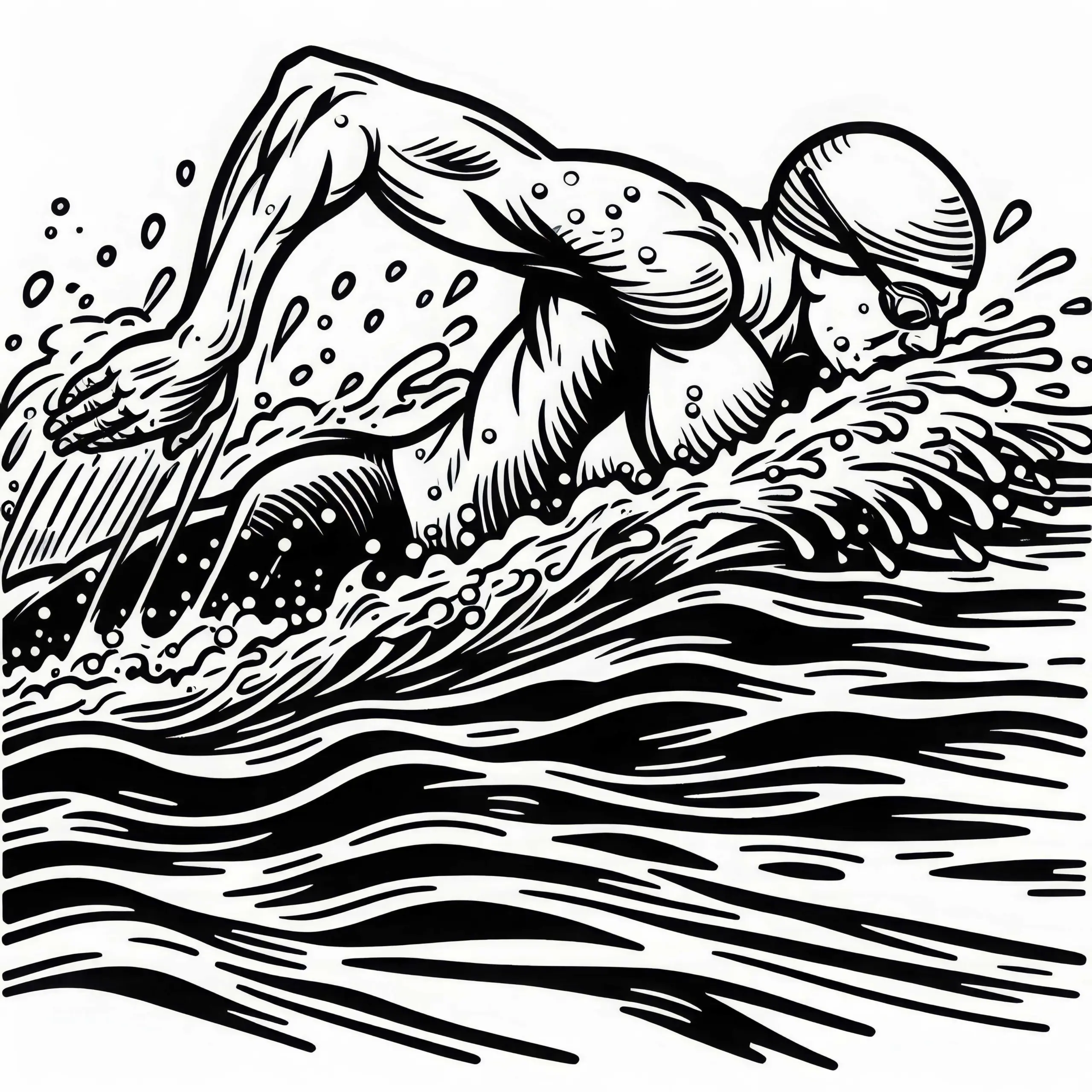 Schwimmer zieht kraftvoll durch das Wasser beim Kraulschwimmen – Ausmalbild kostenlos