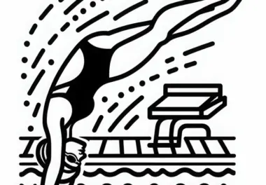 Schwimmerin taucht elegant kopfüber ins Schwimmbecken – Malvorlage einfach kostenlos