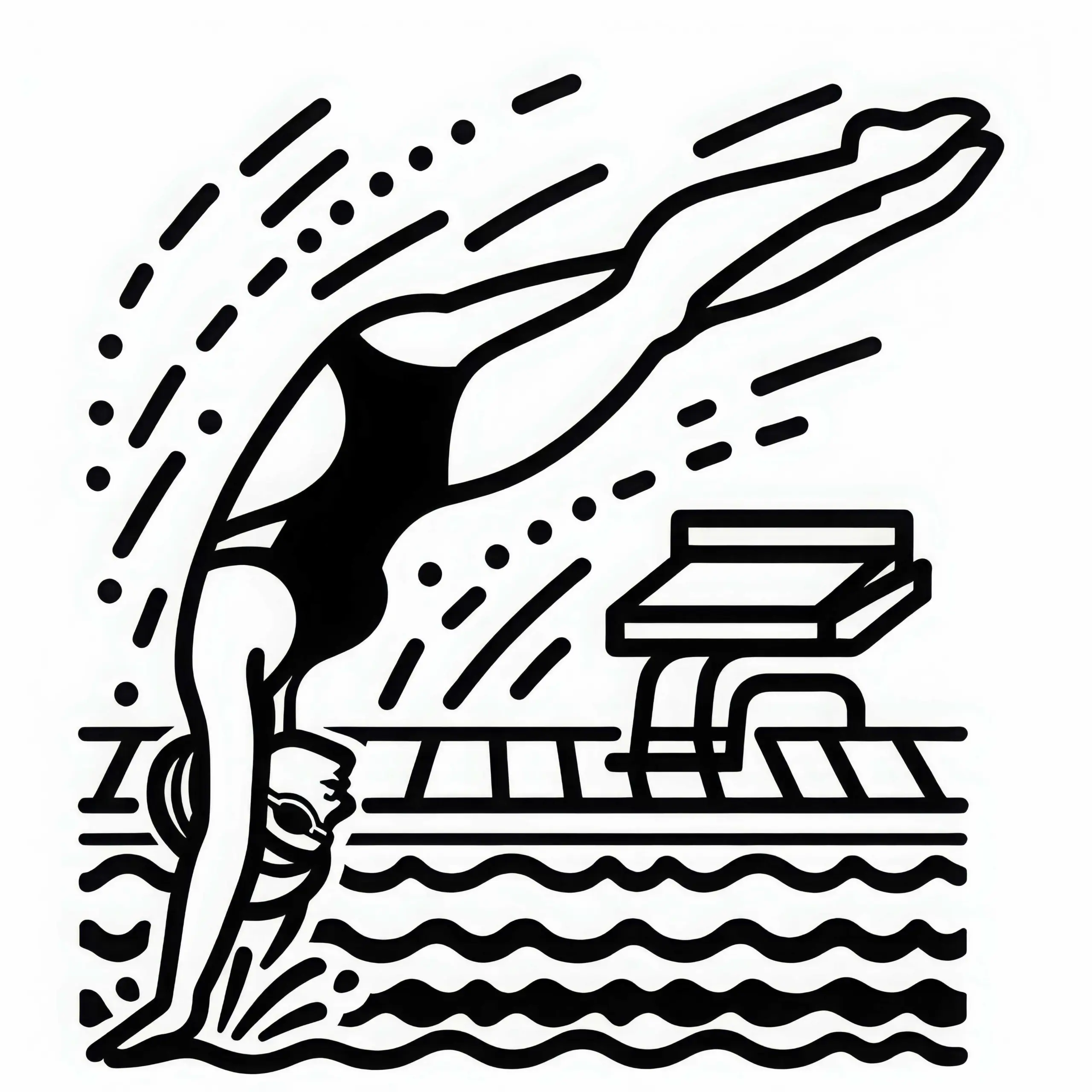 Schwimmerin taucht elegant kopfüber ins Schwimmbecken – Malvorlage einfach kostenlos (Ausmalbild)