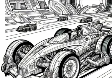 Sci-Fi Rennfahrzeug auf der Strecke – Ausmalbild für Jungs ab zwölf kostenlos