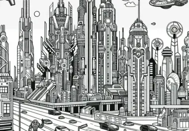 Wissenschafts-Fiction-Stadtpanorama Malvorlage für Jungs ab neun gratis