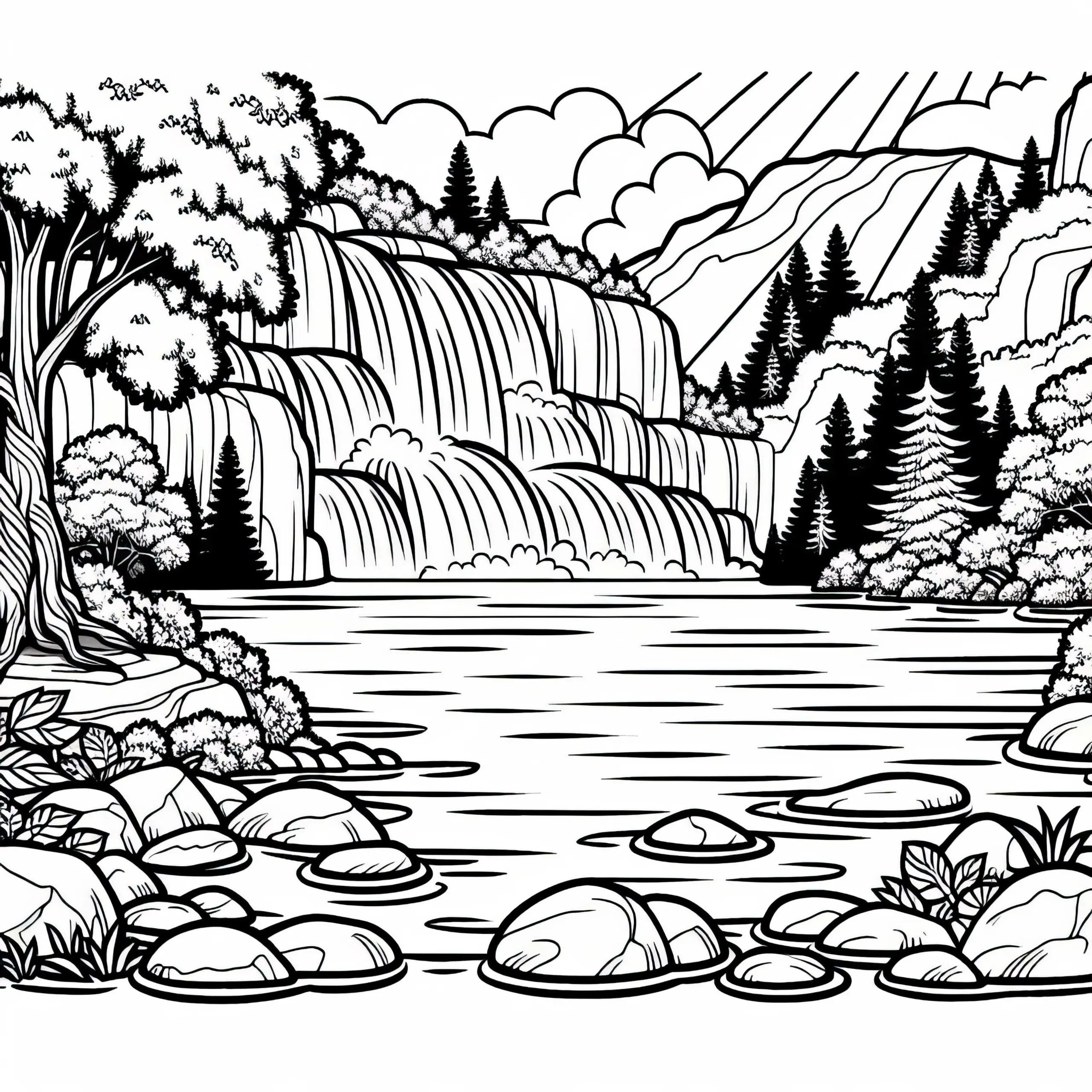 See am Fuß eines Wasserfalls – Malvorlage gratis (Ausmalbild)