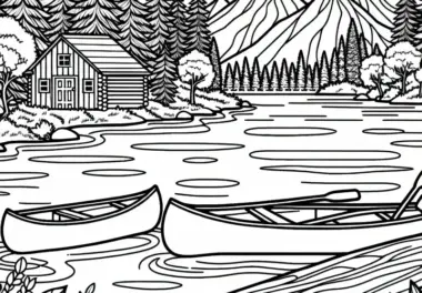 See in Kanada mit Kanus und Waldhütte – Malvorlage Nordamerika kostenlos