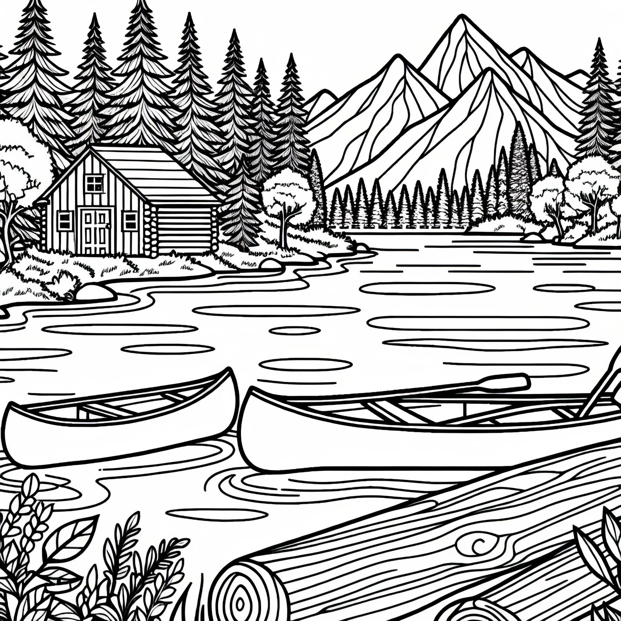 See in Kanada mit Kanus und Waldhütte – Malvorlage Nordamerika kostenlos (Ausmalbild)
