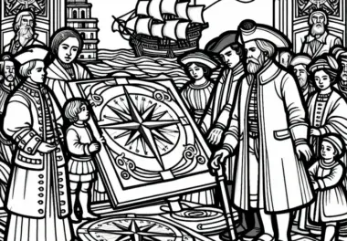 Seekarte mit Kompassrose als Malvorlage aus dem Goldenen Zeitalter Spaniens Kostenlos
