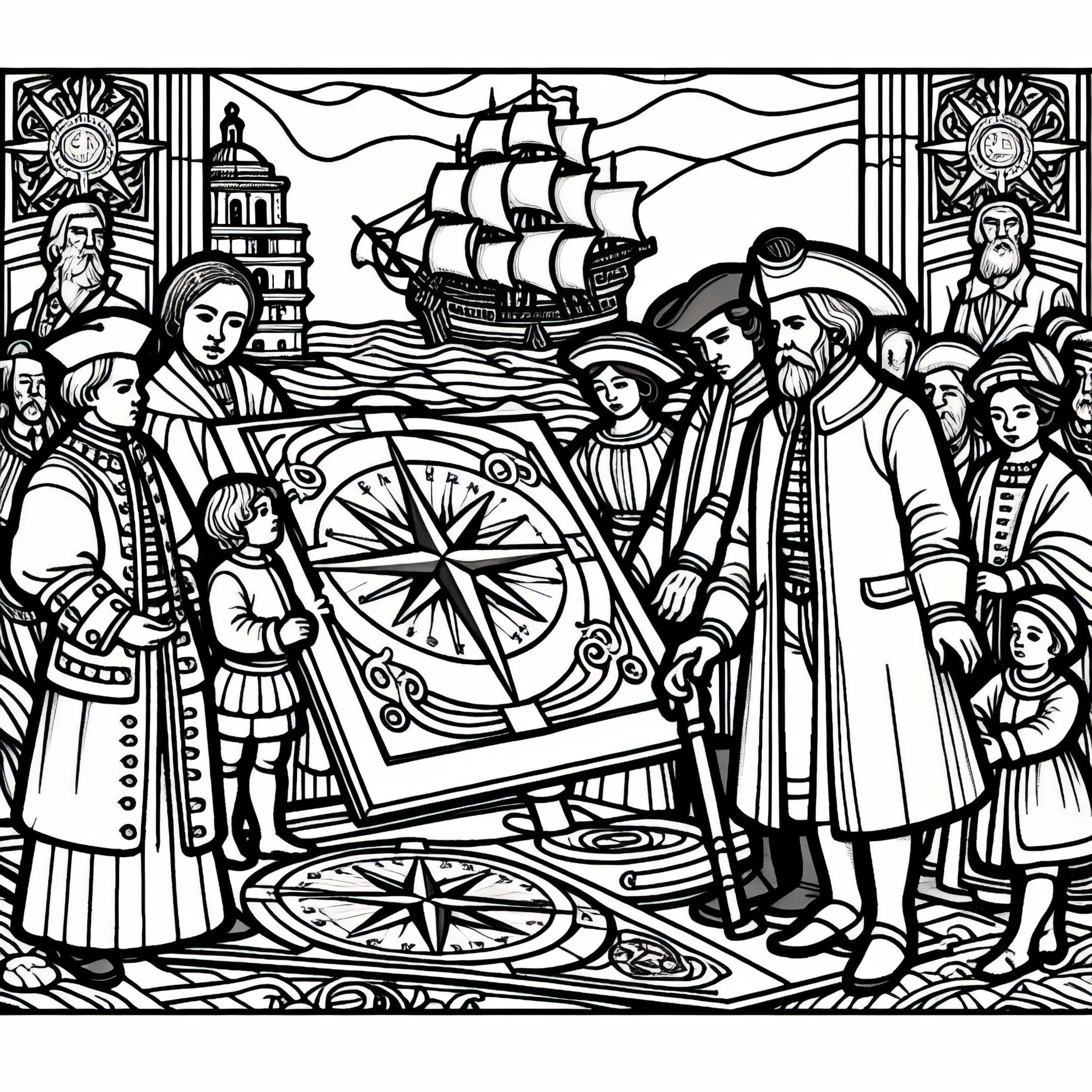 Seekarte mit Kompassrose als Malvorlage aus dem Goldenen Zeitalter Spaniens Kostenlos (Ausmalbild)